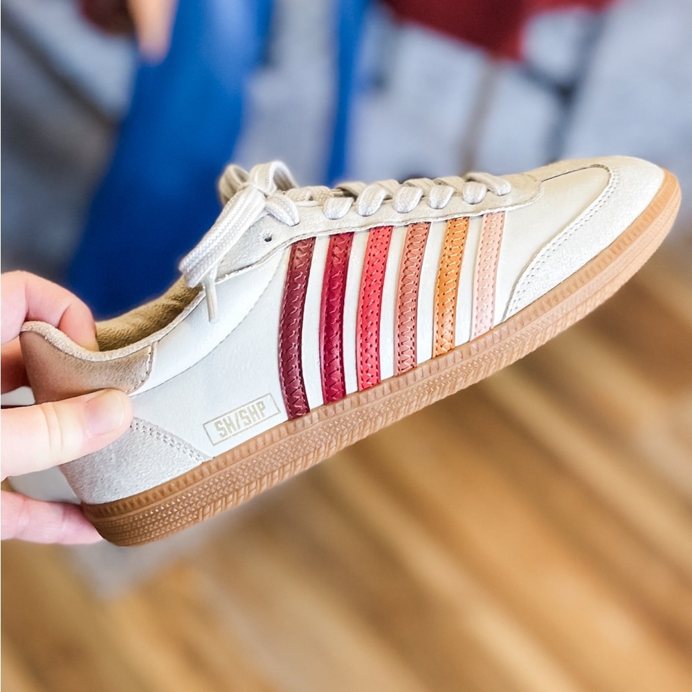 Shu Shop Stevie Red Multi Stripe Low Profile Fashion Casual Sneaker